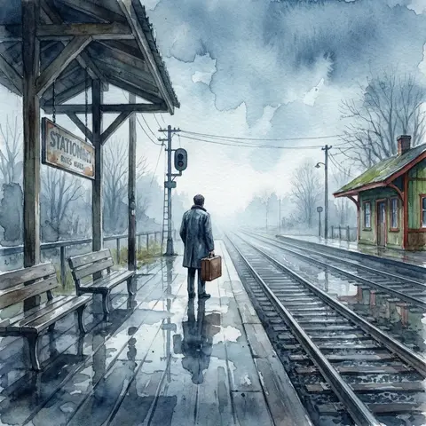 Rainy Train Station Watercolor