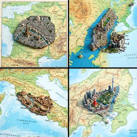 Ultra-realistic top-down geographic map with precise cartographic accuracy, clearly