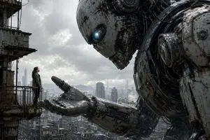 Giant Robot Meets Woman on Balcony