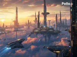Futuristic Floating City at Sunset