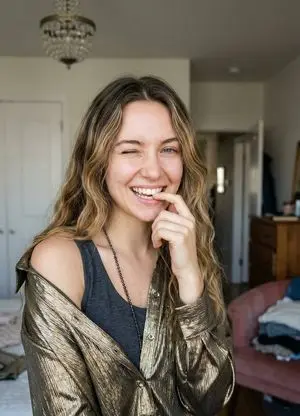Candid Portrait of Woman Winking and Biting Finger