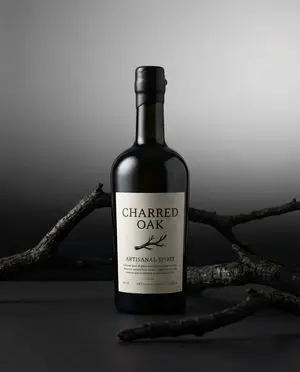 Product hero shot with charred black branches framing