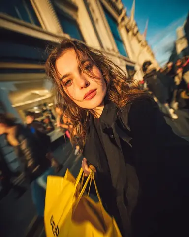 Cinematic street portrait of a young woman walking through
