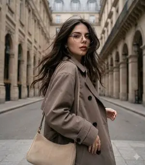 Windswept woman in a trench coat in a European street