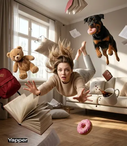 Cinematic surreal scene of a young woman falling forward