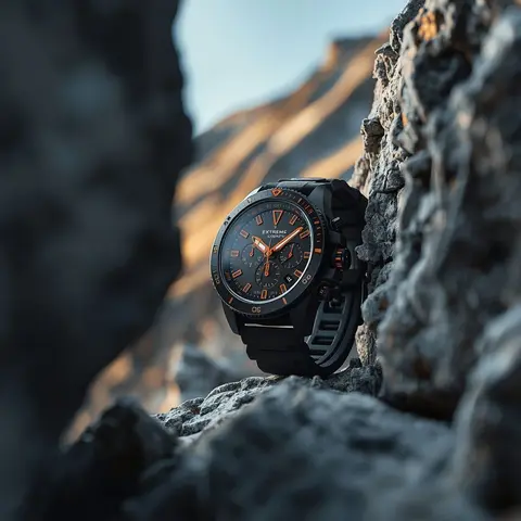 A rugged, matte-black chronograph watch with bold orange accents