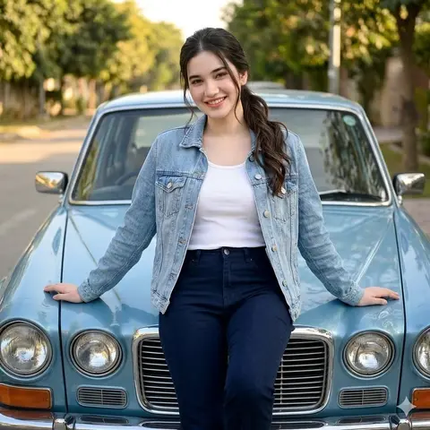 Woman Leaning on Vintage Blue Car