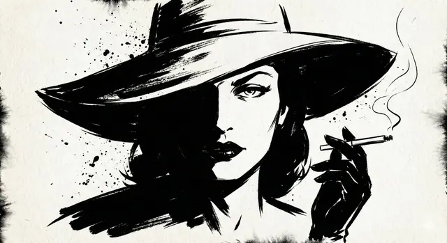 A high-contrast ink noir portrait of [SUBJECT], illustrated entirely