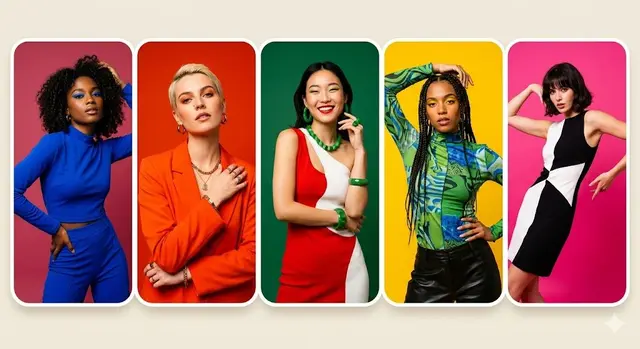 5 panel colorful portrait collage, fashion models, monochrome backgrounds