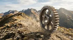 Rolling Steel Gear on Mountain Ridge