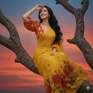 Hyper-Realistic Portrait of Woman in Saree on Tree Branch