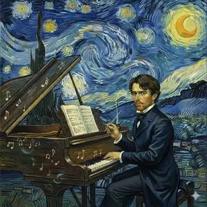 Chopin in Van Gogh's Starry Night Style Prompt