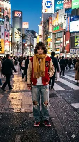 Photorealistic Street Photo Prompt: Vintage Fashion Girl in Shibuya