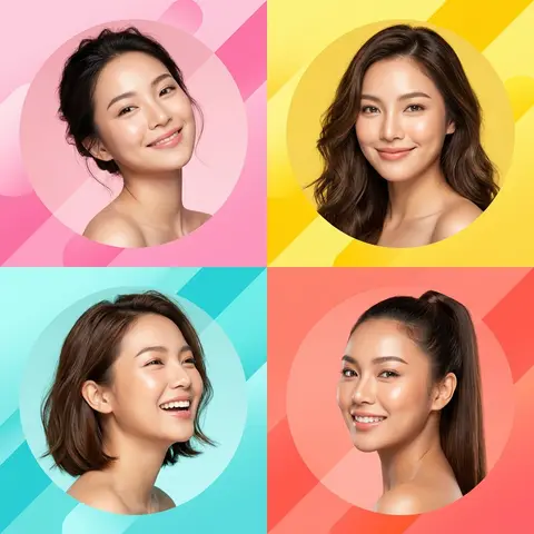Ultra-modern high-end skincare advertising collage featuring four beautiful young