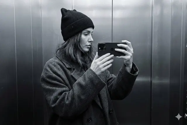 A photorealistic profile selfie, minimalist and monochrome: a woman