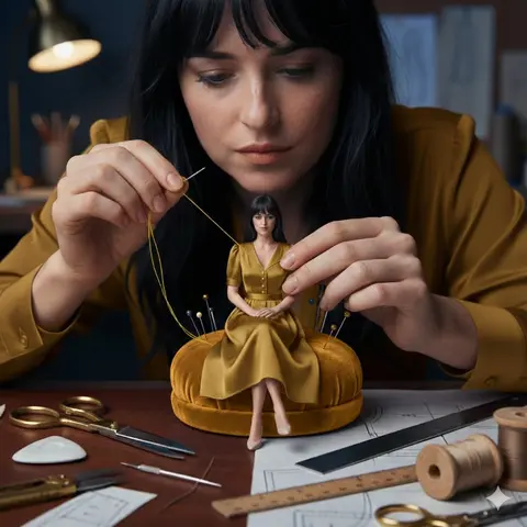 A cinematic fashion studio scene of a woman hand-sewing