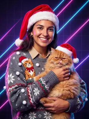 Vintage 80s Laser Portrait of Man with Cat in Santa Hats