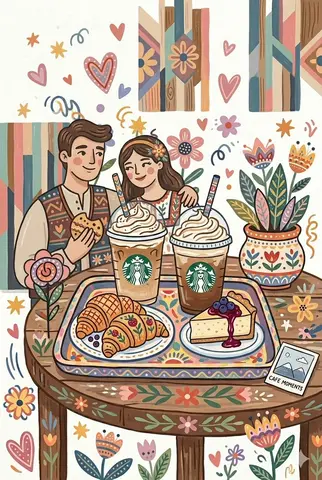 Folk Art Cafe Date Illustration