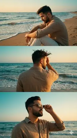 Cinematic Vertical Collage of a Stylish Man at the Beach