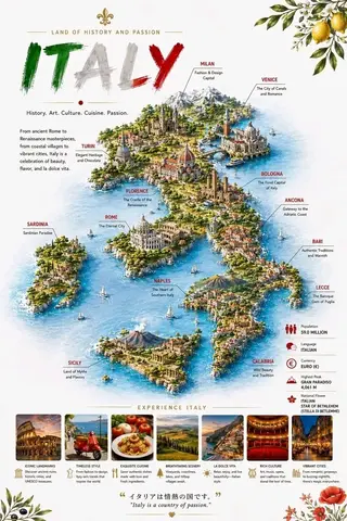 Detailed 3D Travel Infographic Map of Italy