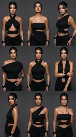 9-Panel Fashion Variation Grid Prompt: Black Wrap Tops