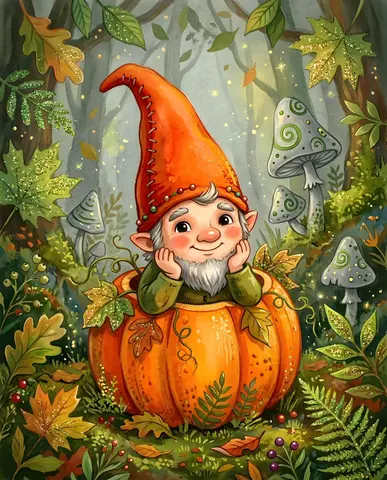 Whimsical Gnome Pumpkin Illustration