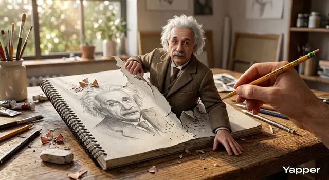 Hyper-realistic 3D illustration of Albert Einstein emerging from the