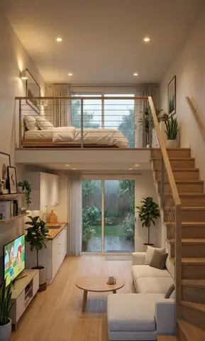 Cozy Split-Level Studio Apartment with Rainy Garden View (Structured)