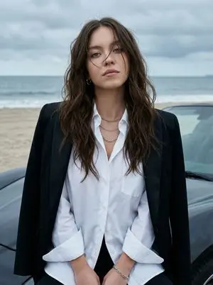 Photorealistic Fashion Portrait on Car Hood at Seaside