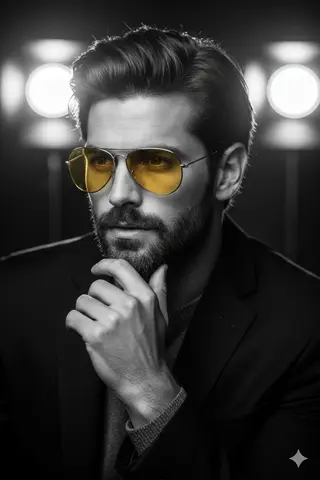 "Objective": "Create a dramatic black-and-white cinematic portrait with a