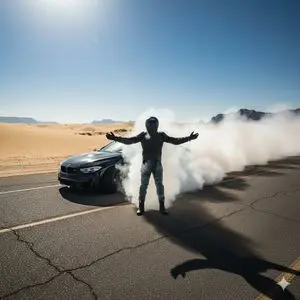 Cinematic Desert Drifting Scene with Batman-like Figure