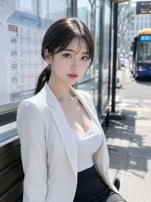 Realistic Woman at Japanese Bus Stop
