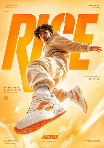 A cinematic, high-end sneaker advertisement poster featuring a young