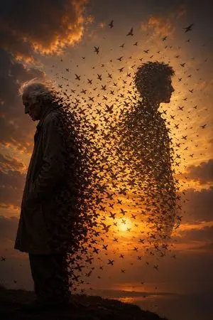 Elderly Man Dissolving Into Birds