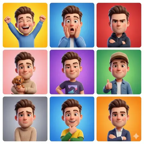 3D cartoon avatar character showing different emotions arranged in