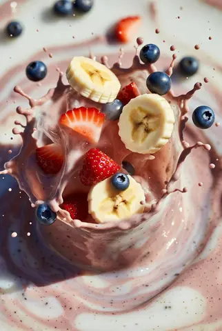 Ultra-realistic smoothie explosion, banana slices, strawberry pieces, blueberry splash