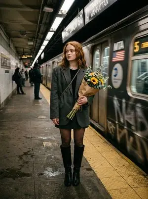 Cinematic photo of a woman on a subway platform with motion blur