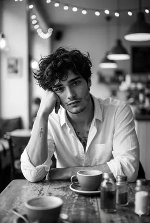 Hyper-Realistic Monochrome Cinematic Café Portrait