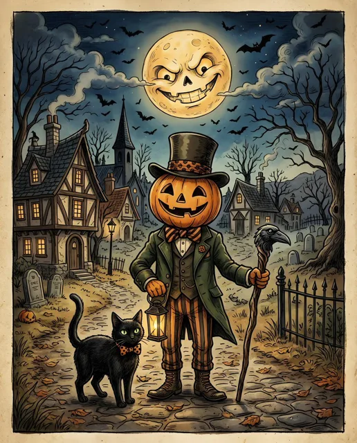 Vintage Whimsical Halloween Illustration