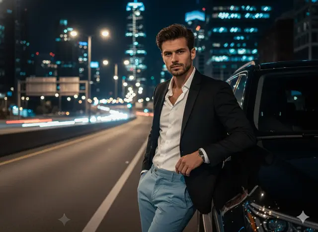 A cinematic night-time urban portrait of a confident, handsome