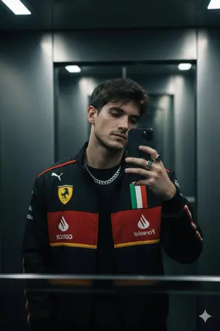 A moody cinematic mirror selfie of a stylish young