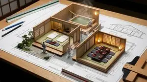 Architectural Blueprint to Miniature Japanese Inn Scene
