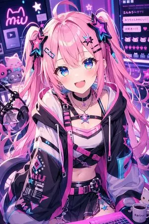 Neon Cyber-Kawaii VTuber Portrait