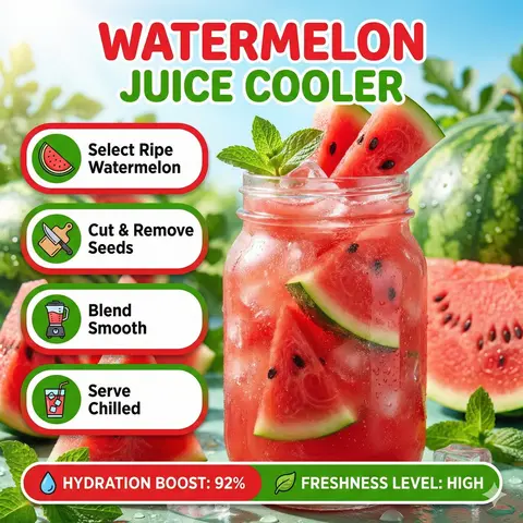 Bright summer infographic showcasing watermelon juice, icy texture, watermelon