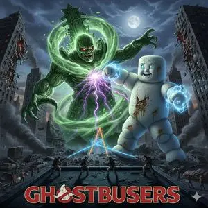 Generate Ghostbusters Scene with Gozer and Stay Puft