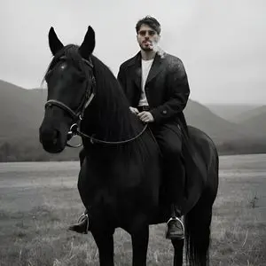 Cinematic Black and White Portrait Prompt of Man with Horse and Cigar