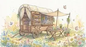 Fantasy Watercolor Herbalist Wagon