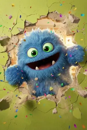 3D Fluffy Monster Bursting Through Wall