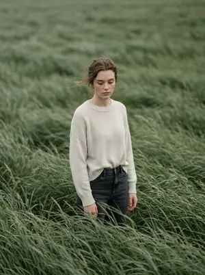 Cinematic Portrait in Sage-Green Grass Field