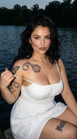 Photorealistic Tattooed Woman by Lake at Dusk